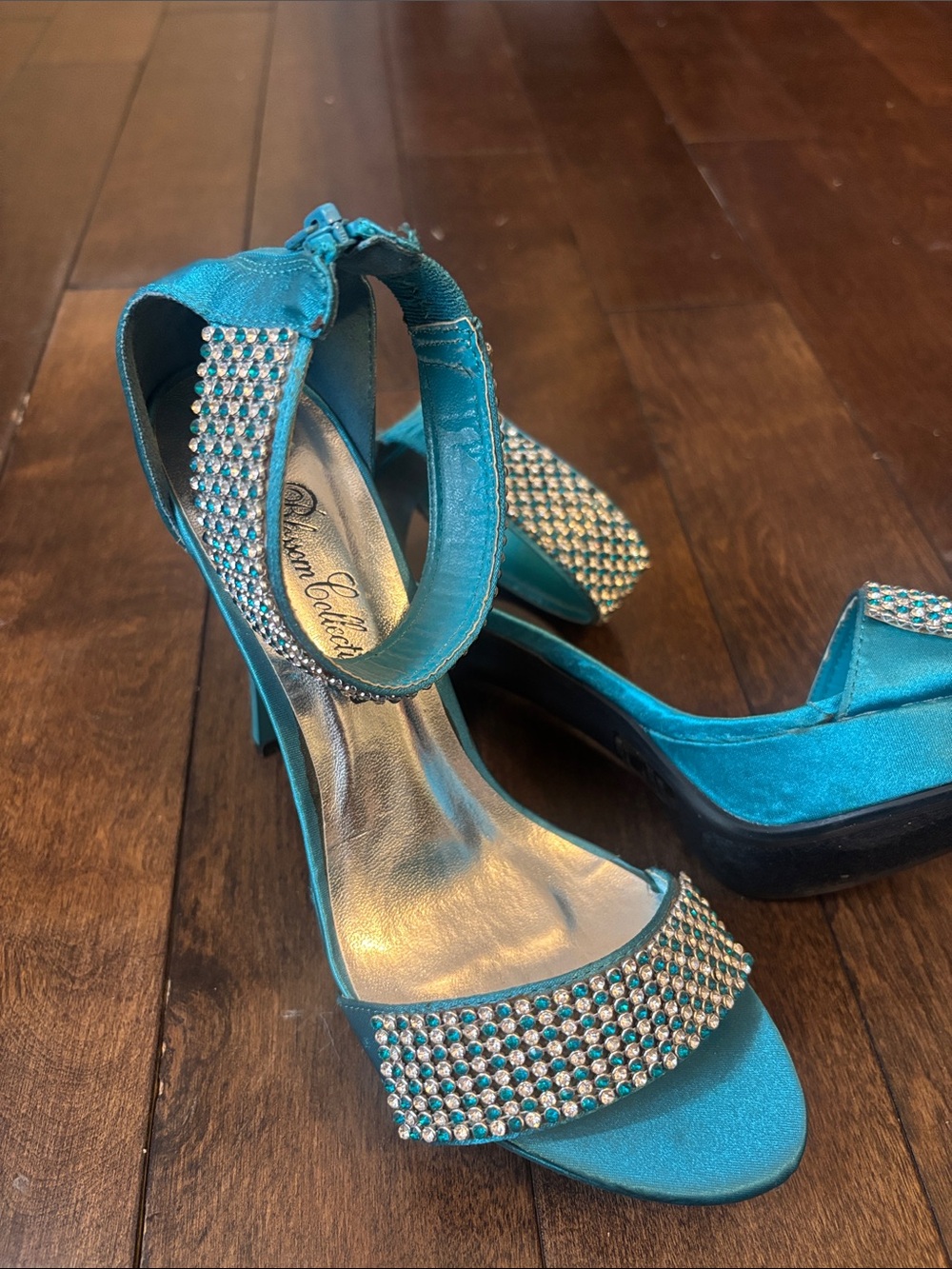 Satin Teal Rhinestone Ankle-Strap Heels - Women